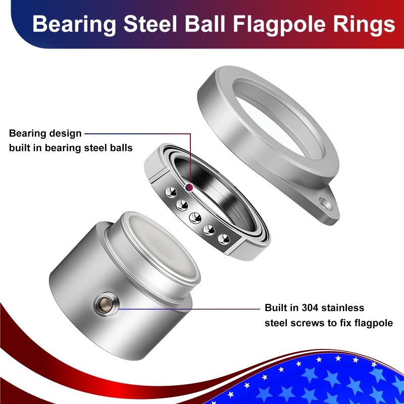HPGOED Bearing Steel Ball Flag Pole Rings, Tangle Free Aluminum Alloy Flag Pole Spinners, 360Â° Rotating Flagpole Rings with Carabiners, Fit Flagpole with 0.75-1inch Diameter, Flagpole Parts, 1 inch Silver - Image 2
