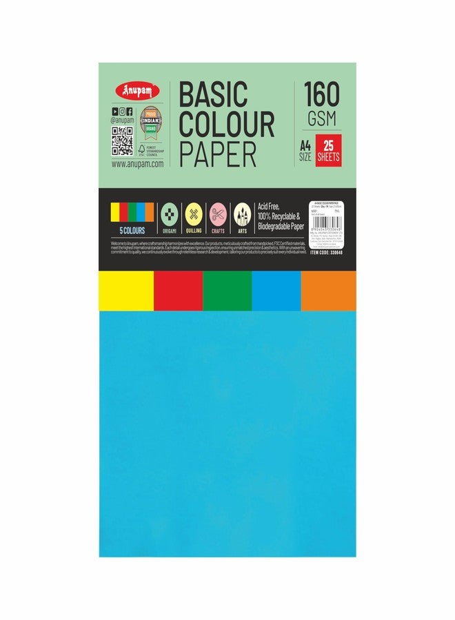 Anupam 25 Sheets Colored Basic Craft Paper A4 Size 160 GSM 5 Assorted Color Paper Multi Color Card Stock Paper for Crafts, Card Making, Scrapbooking, DIY, School Supplies, Printing and Stationery - Image 1