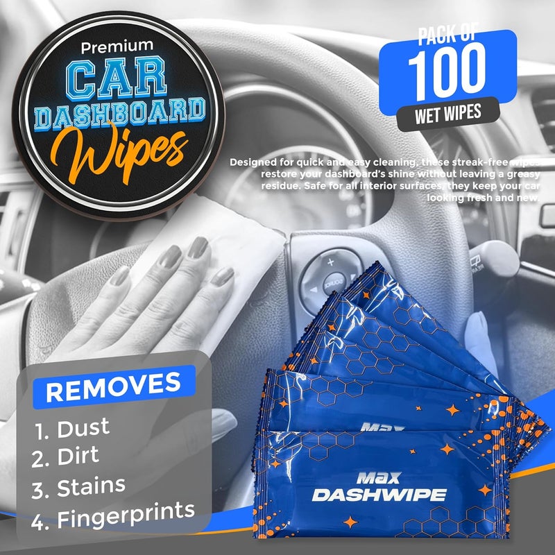 MAX MANUFACTURING Car Wash Wipes with Refreshing Lemon Scent, Pack of 100 Individually Wrapped Wipes, Dashboard Car Accessories Travel Essentials - Image 2