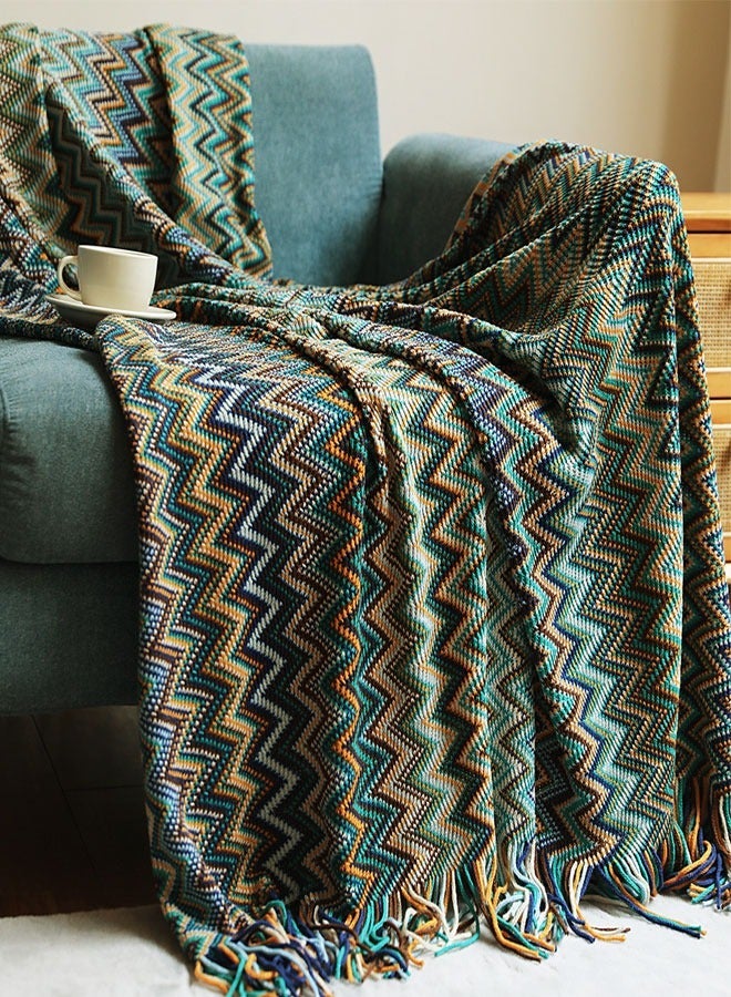 KNITTED TASSEL BLANKETS, SUPER SOFT COZY LIGHTWEIGHT DECORATIVE THROW BLANKETS FOR COUCH , BED, SOFA, OUTDOOR THROW BLANKET ALL SEASONS 127X178CMBLUE