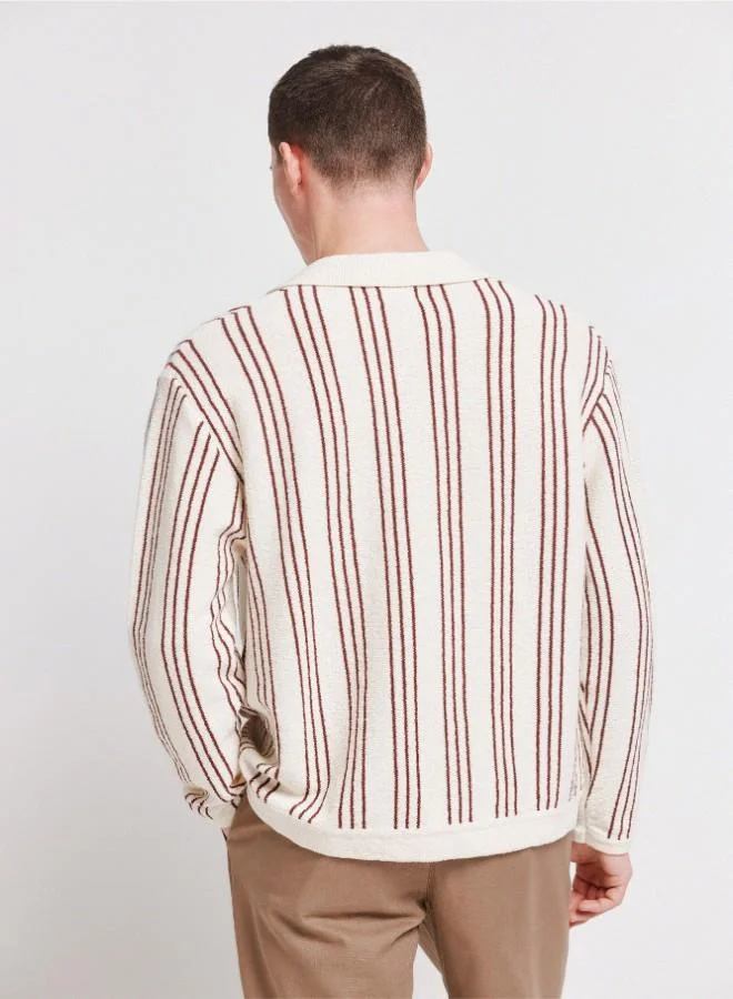 Springfield  Fancy yarn vertical striped polo neck ribbed hem and cuffs cardigan for Men | Best Price UAE
