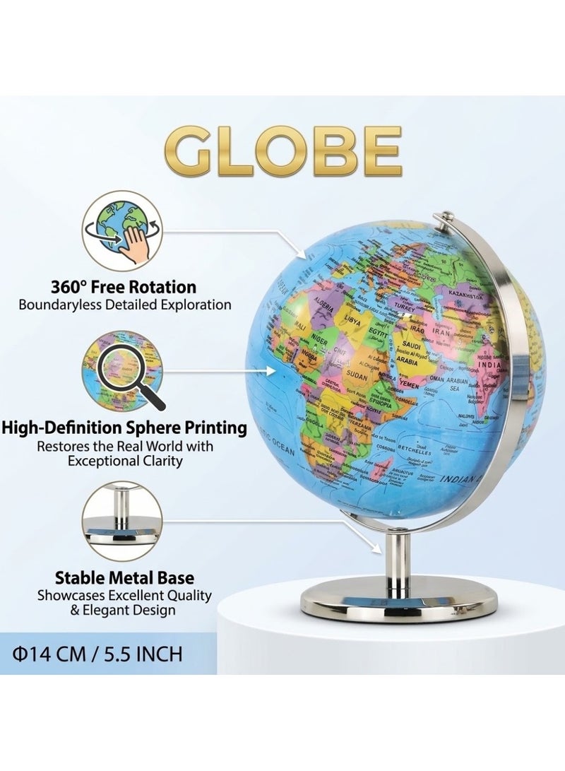 14 cm Educational Desktop World Globe with Stable Metal Base and 360° Free Rotation - High-Definition Political Map for Home, Office, and Classroom Decor - Image 3
