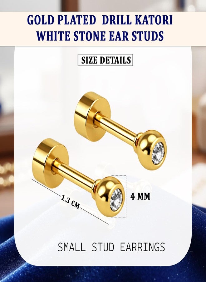 VAMA FASHIONS 4mm 18K Gold Plated Stainless Steel Anti Tarnish Katori Shape White Stone Small Piercing Ear Studs Hypoallergenic Lightweight Stud Earrings for Men & Boys - Image 3