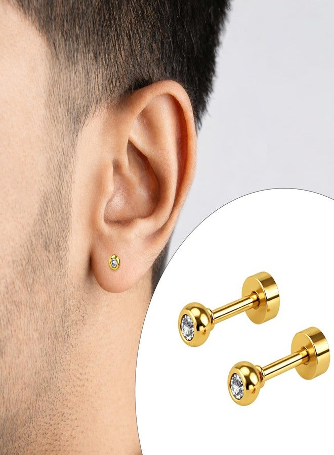 VAMA FASHIONS 4mm 18K Gold Plated Stainless Steel Anti Tarnish Katori Shape White Stone Small Piercing Ear Studs Hypoallergenic Lightweight Stud Earrings for Men & Boys - Image 2