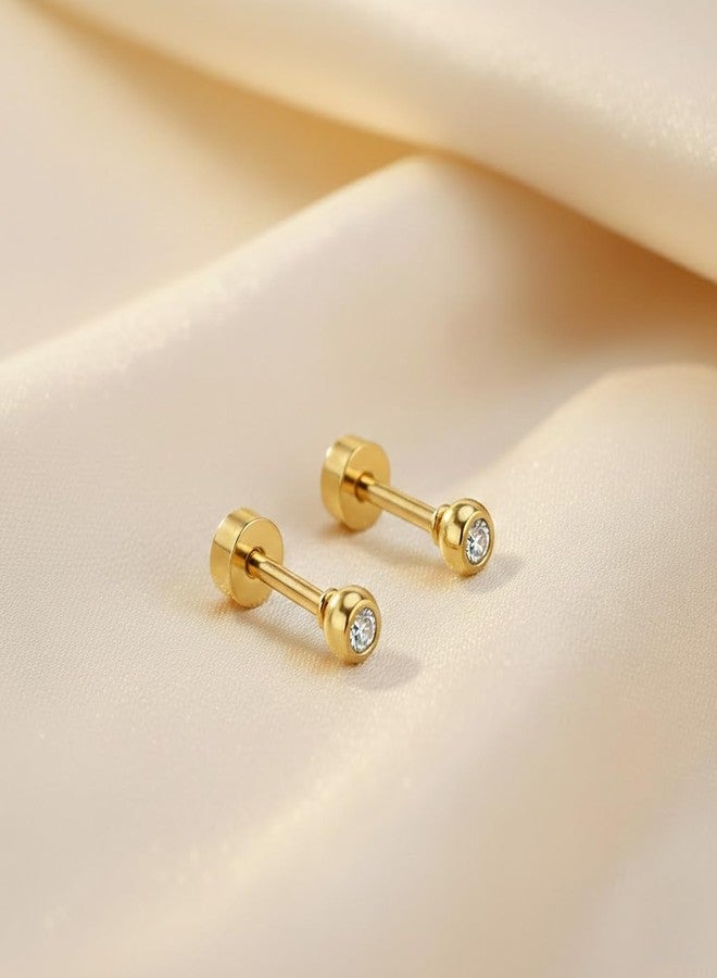VAMA FASHIONS 4mm 18K Gold Plated Stainless Steel Anti Tarnish Katori Shape White Stone Small Piercing Ear Studs Hypoallergenic Lightweight Stud Earrings for Men & Boys - Image 4