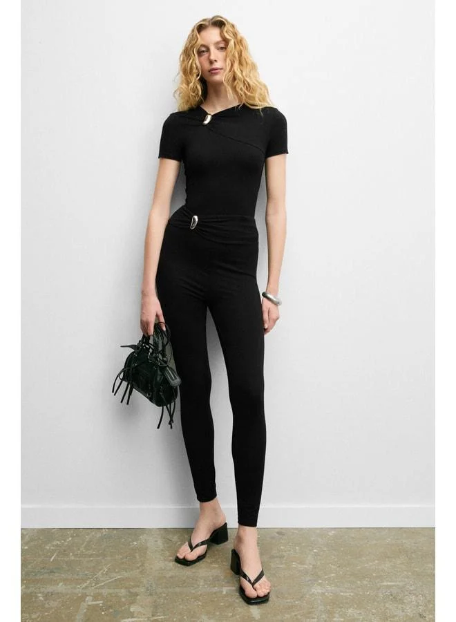 GRIMELANGE SISILY Women's Soft and Stretch Fabric Cap Detail Slim Fit Black Leggings.