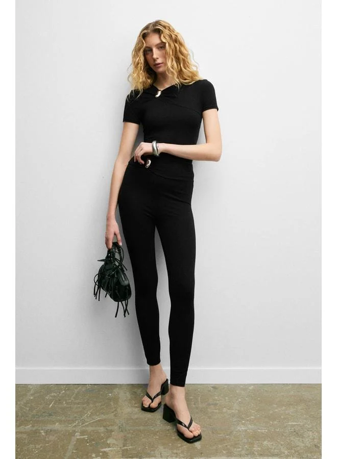 GRIMELANGE SISILY Women's Soft and Stretch Fabric Cap Detail Slim Fit Black Leggings.