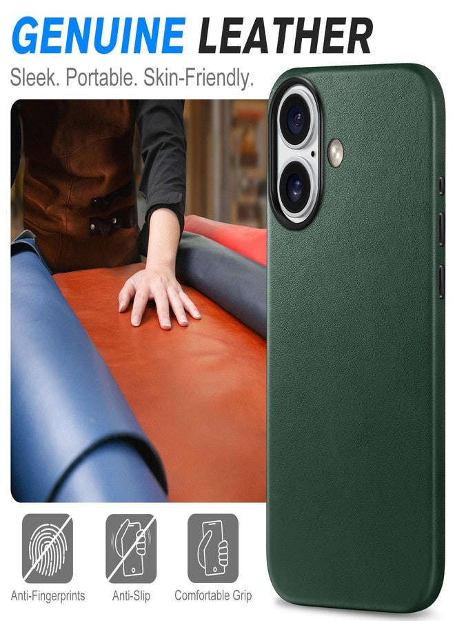 SHIELDON Case for iPhone 16 5G 6.1", Genuine Leather Magnetic Wireless Charging Slim Case [Non-Slip][Anti-Scratch] Shockproof Phone Cover with Metal Buttons Compatible with iPhone 16 - Evergreen - Image 3