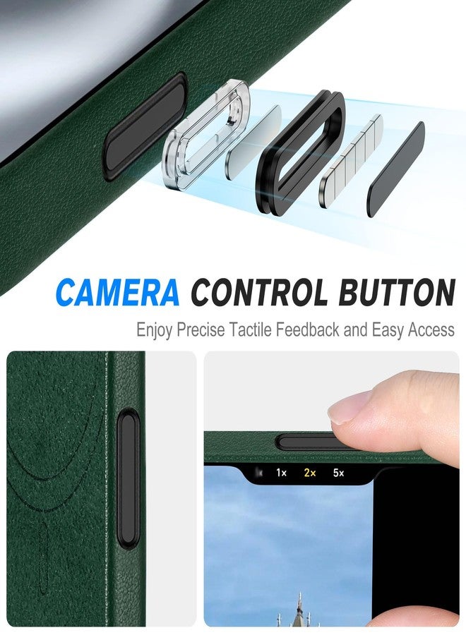 SHIELDON Case for iPhone 16 5G 6.1", Genuine Leather Magnetic Wireless Charging Slim Case [Non-Slip][Anti-Scratch] Shockproof Phone Cover with Metal Buttons Compatible with iPhone 16 - Evergreen - Image 4