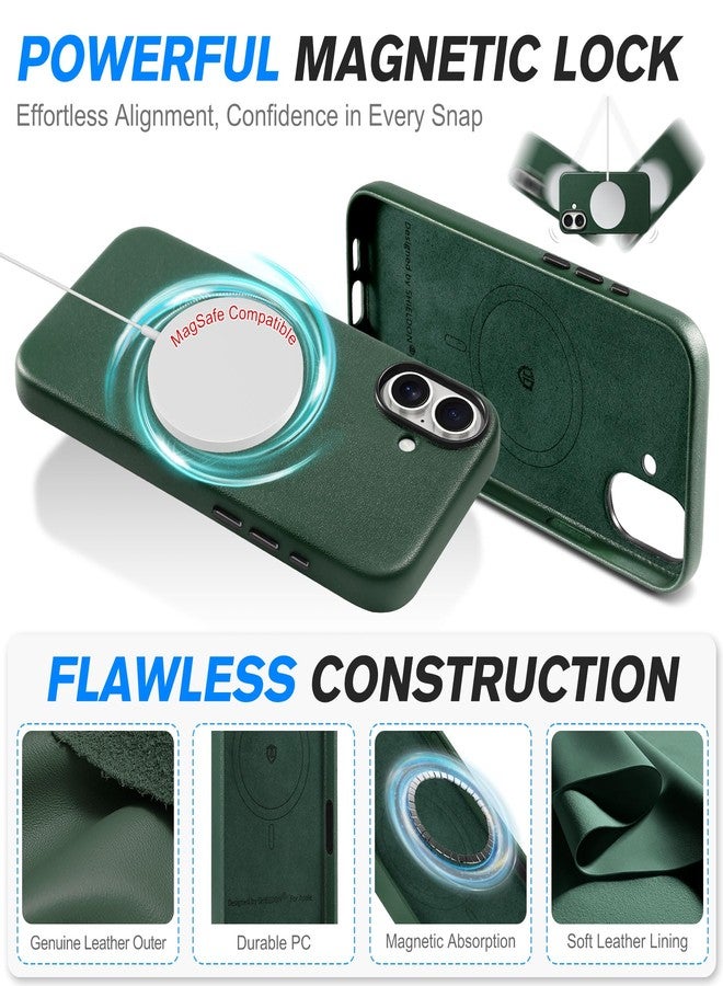 SHIELDON Case for iPhone 16 5G 6.1", Genuine Leather Magnetic Wireless Charging Slim Case [Non-Slip][Anti-Scratch] Shockproof Phone Cover with Metal Buttons Compatible with iPhone 16 - Evergreen - Image 5