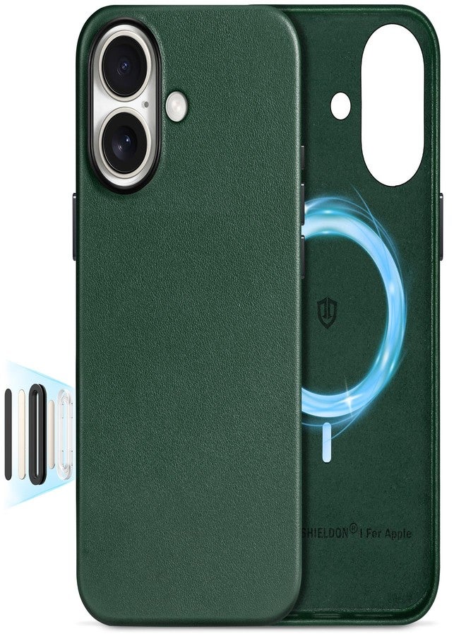 SHIELDON Case for iPhone 16 5G 6.1", Genuine Leather Magnetic Wireless Charging Slim Case [Non-Slip][Anti-Scratch] Shockproof Phone Cover with Metal Buttons Compatible with iPhone 16 - Evergreen - Image 1