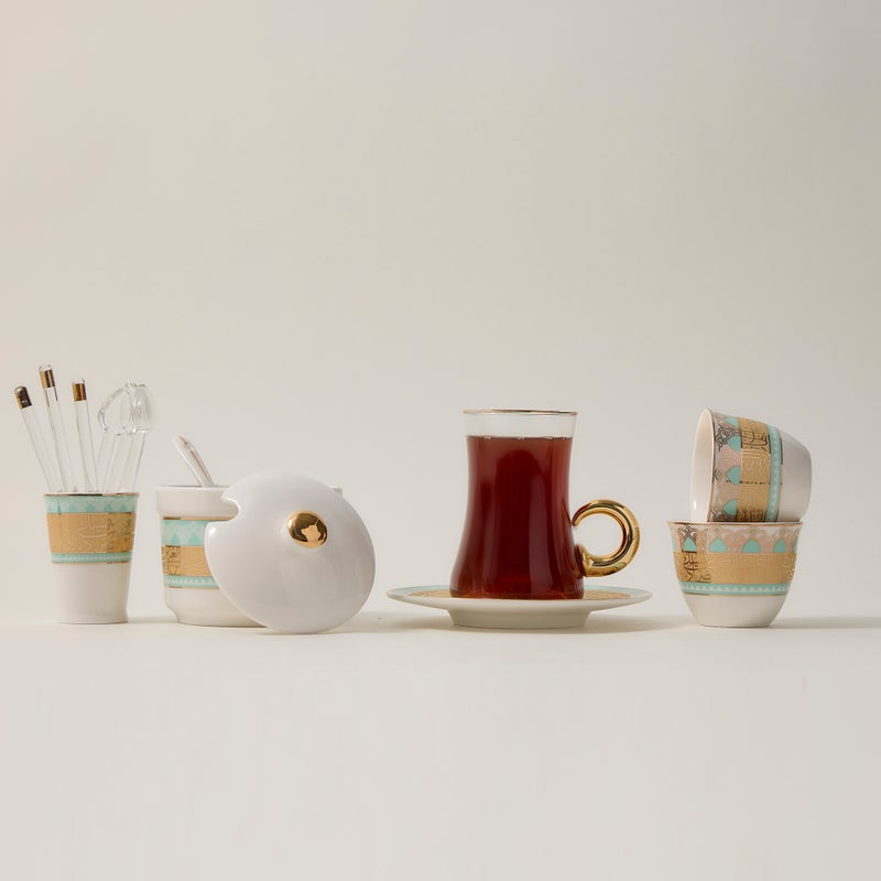 Dallaty white with fayrouz and gold prints Tea and coffee cups set 28 pcs - Image 1