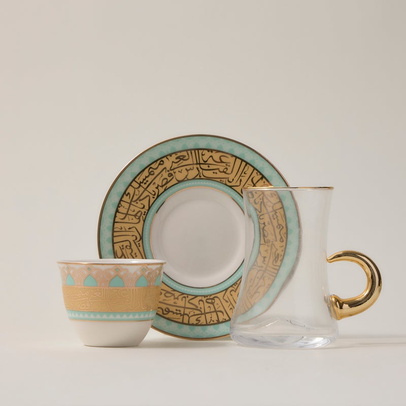 Dallaty white with fayrouz and gold prints Tea and coffee cups set 28 pcs - Image 2