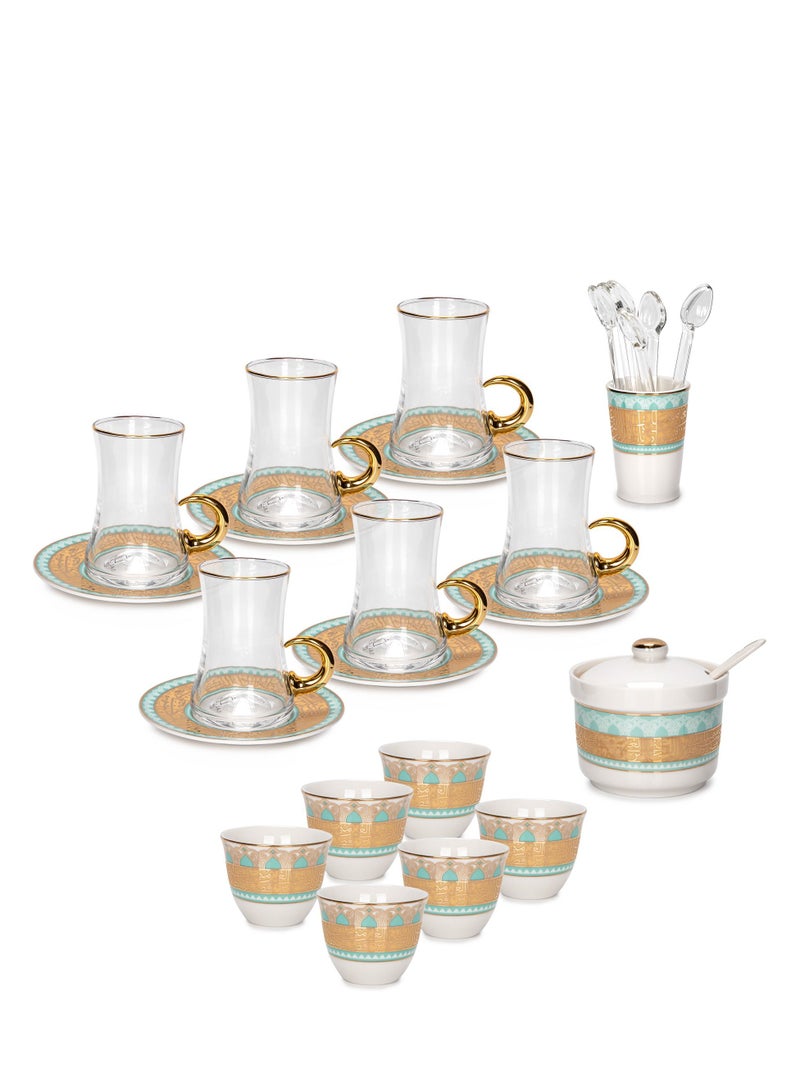 Dallaty Dallaty white with fayrouz and gold prints Tea and coffee cups set 28 pcs - Image 2