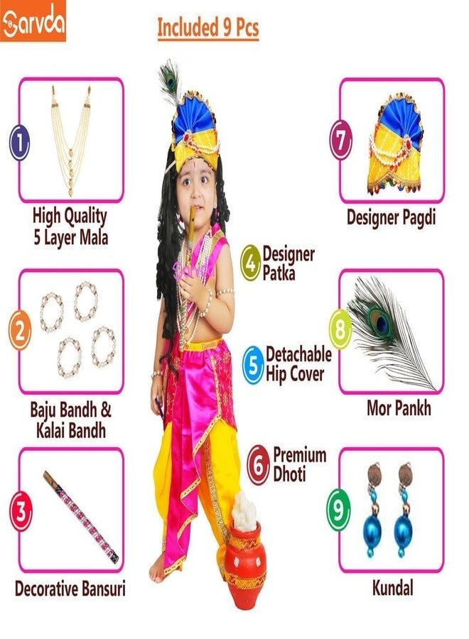 Sarvda Brocade Shree Krishna Dress For Kids For Baby Boy Radha Dress For Girls With Accessories Dhoti, Dupatta, Mukut Flute Complete Set, Multicolor - Image 3