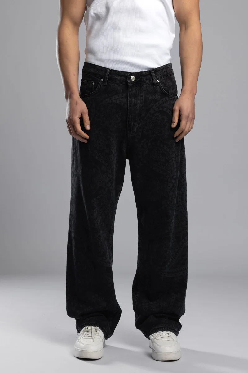 Catch Black Paisley Patterned Baggy Jeans