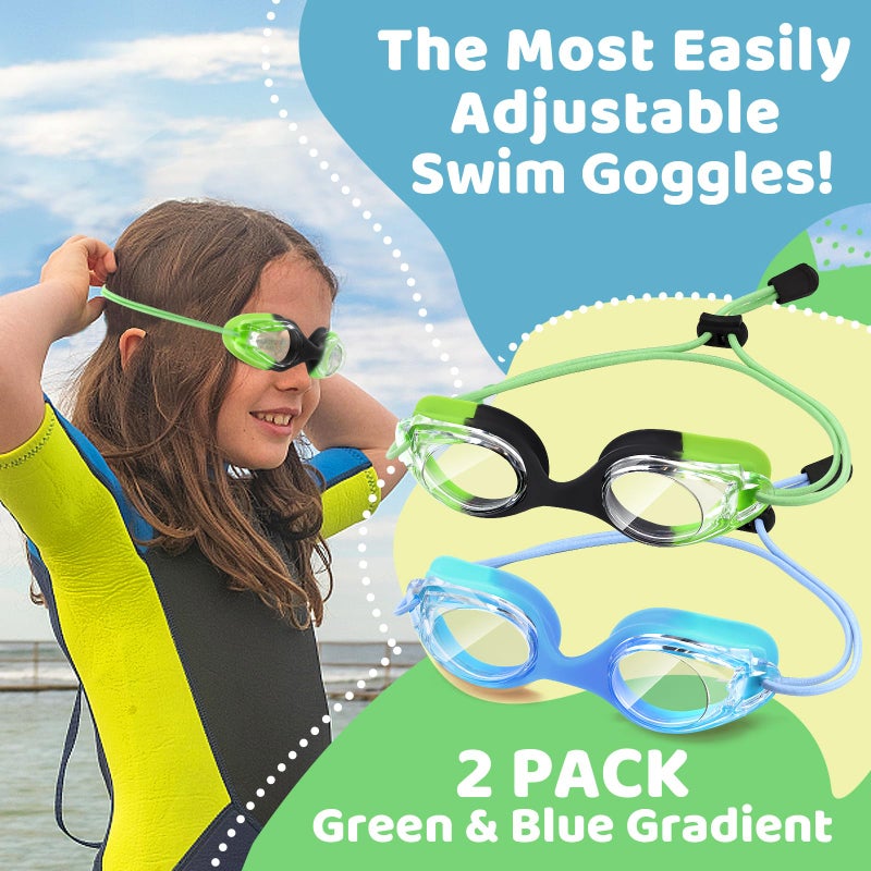 Vvinca Kids Swim Goggles with Bungee Strap No Leaking Anti Fog Toddler Goggles Quick Adjust 3-14 (A- Green & Blue Gradient) - Image 2