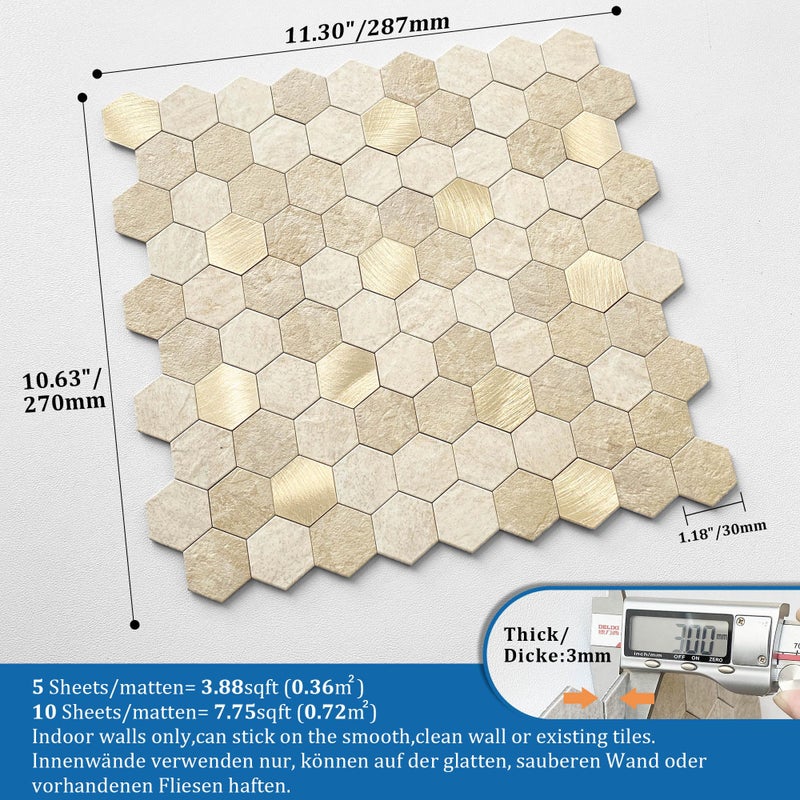 M MOFIT MOFIT Hexagon Peel and Stick Backsplash Tiles Kitchen,Self-Adhesive Metal and Marble Honeycomb Peel and Stick Wall Tiles Sticker Mosaic Heat Resistant(Beige,10sheets) - Image 5