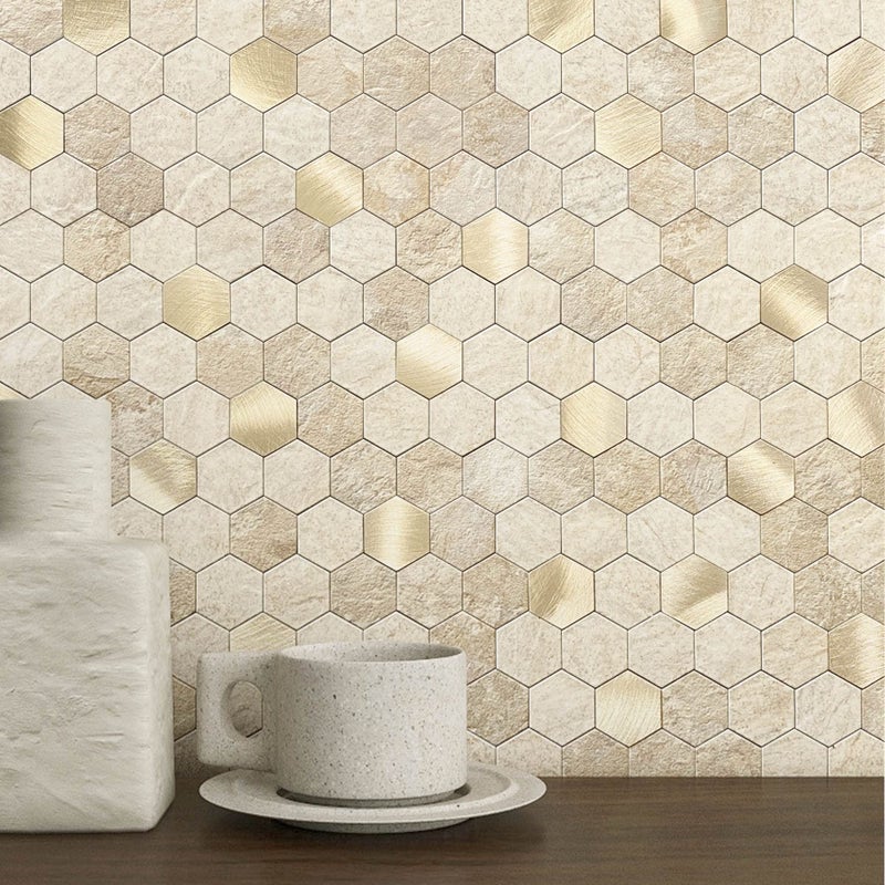 M MOFIT MOFIT Hexagon Peel and Stick Backsplash Tiles Kitchen,Self-Adhesive Metal and Marble Honeycomb Peel and Stick Wall Tiles Sticker Mosaic Heat Resistant(Beige,10sheets) - Image 1