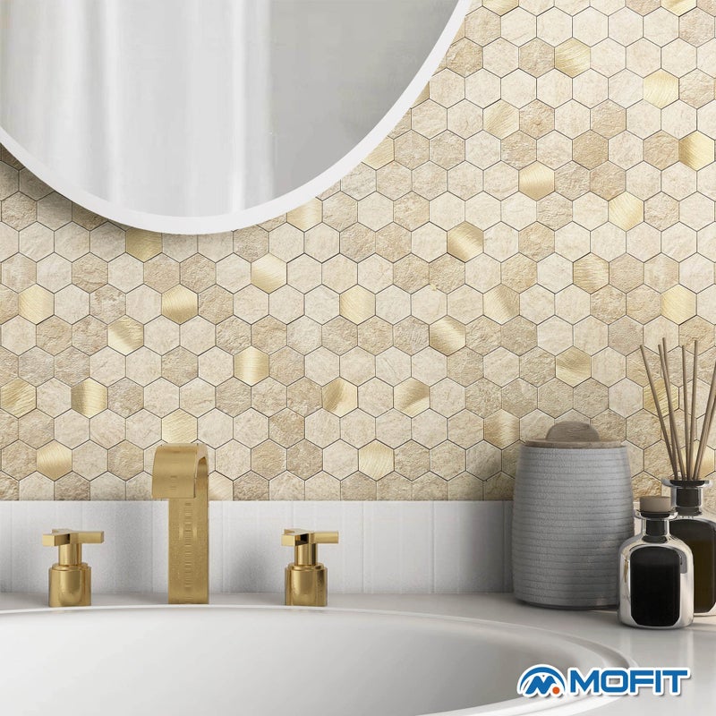 M MOFIT MOFIT Hexagon Peel and Stick Backsplash Tiles Kitchen,Self-Adhesive Metal and Marble Honeycomb Peel and Stick Wall Tiles Sticker Mosaic Heat Resistant(Beige,10sheets) - Image 3