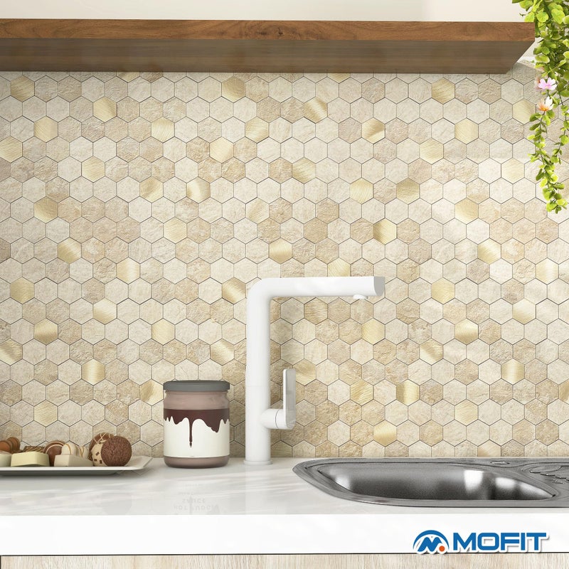 M MOFIT MOFIT Hexagon Peel and Stick Backsplash Tiles Kitchen,Self-Adhesive Metal and Marble Honeycomb Peel and Stick Wall Tiles Sticker Mosaic Heat Resistant(Beige,10sheets) - Image 4