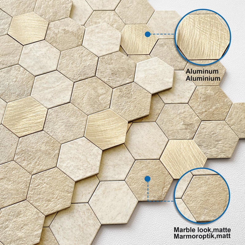 M MOFIT MOFIT Hexagon Peel and Stick Backsplash Tiles Kitchen,Self-Adhesive Metal and Marble Honeycomb Peel and Stick Wall Tiles Sticker Mosaic Heat Resistant(Beige,10sheets) - Image 2