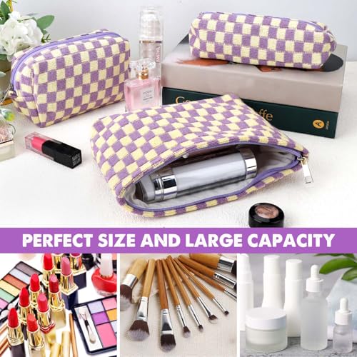 Gocvo 3 Pcs Makeup Bag Checkered Cosmetic Bag Large Capacity Traveling Toiletry Pounch Organizer Cute Makeup Brushes Aesthetic Accessories Storage Bag for Girls Women PurpleWhite - Image 3