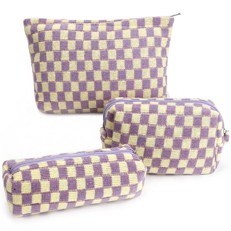 Gocvo 3 Pcs Makeup Bag Checkered Cosmetic Bag Large Capacity Traveling Toiletry Pounch Organizer Cute Makeup Brushes Aesthetic Accessories Storage Bag for Girls Women PurpleWhite - Image 2
