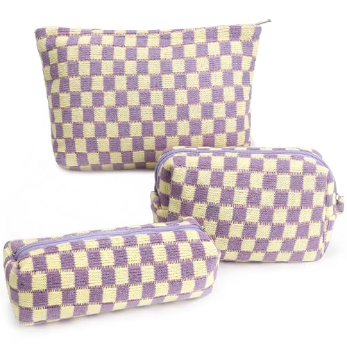 Gocvo 3 Pcs Makeup Bag Checkered Cosmetic Bag Large Capacity Traveling Toiletry Pounch Organizer Cute Makeup Brushes Aesthetic Accessories Storage Bag for Girls Women PurpleWhite - Image 1