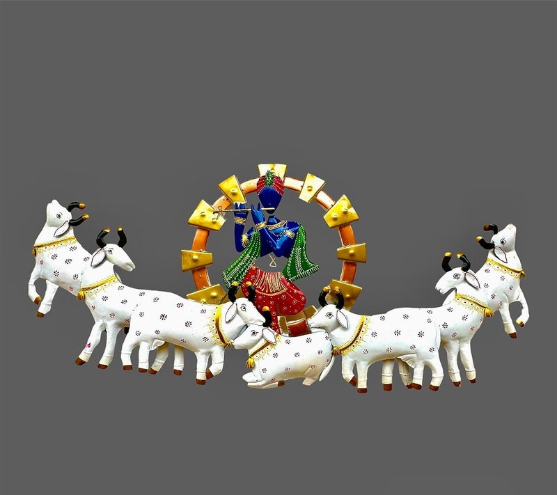 Anshika International Anshika International Retro Style Metal Handpainted Rustic Iron Wall Hanging of 7 Cow Krishna Art Sculpture for Home Office Wall DecorWall Hanging 55 inches  - Image 3