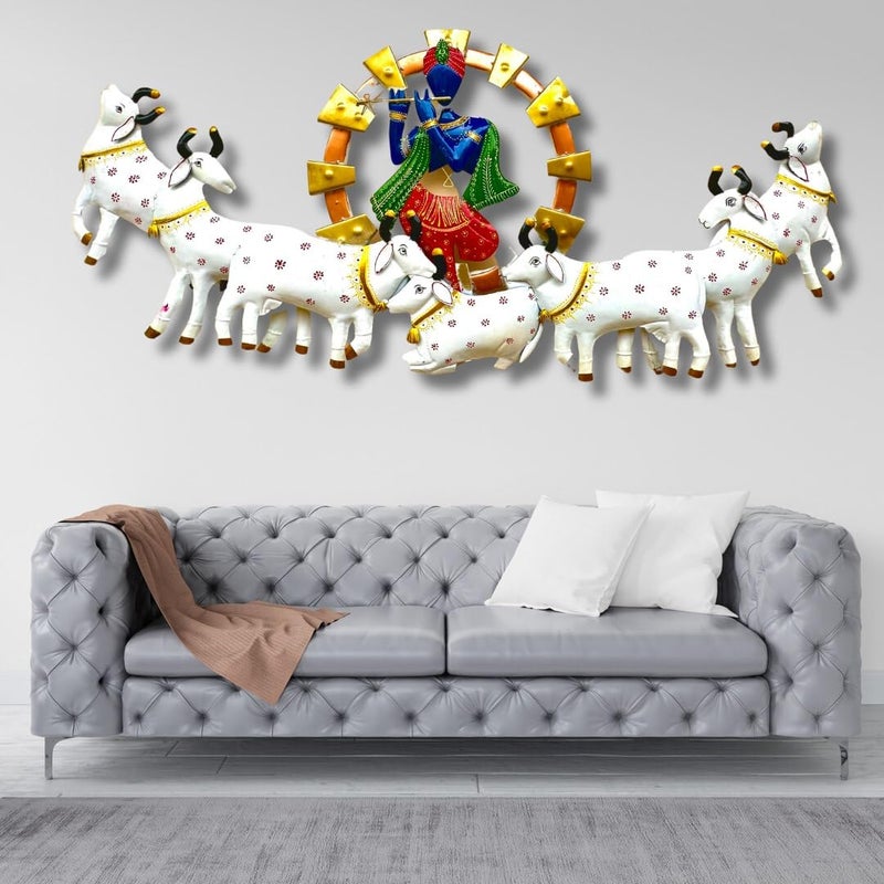 Anshika International Anshika International Retro Style Metal Handpainted Rustic Iron Wall Hanging of 7 Cow Krishna Art Sculpture for Home Office Wall DecorWall Hanging 55 inches  - Image 2