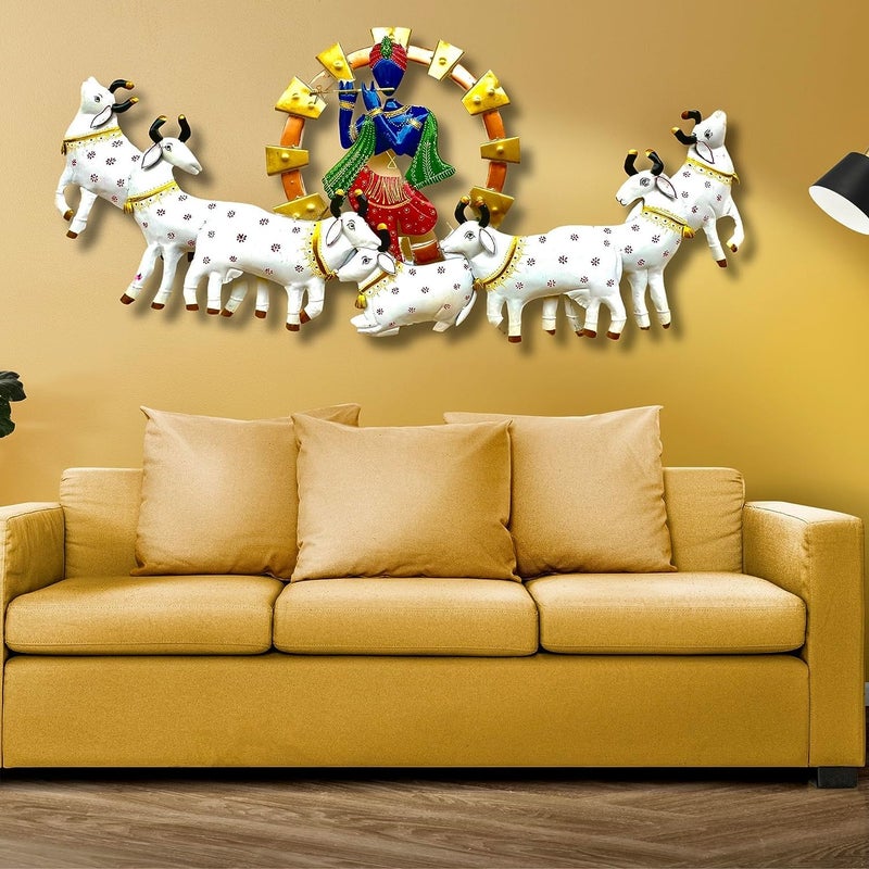 Anshika International Anshika International Retro Style Metal Handpainted Rustic Iron Wall Hanging of 7 Cow Krishna Art Sculpture for Home Office Wall DecorWall Hanging 55 inches  - Image 1