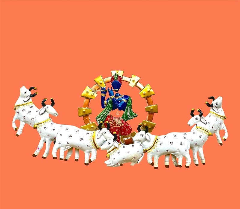 Anshika International Anshika International Retro Style Metal Handpainted Rustic Iron Wall Hanging of 7 Cow Krishna Art Sculpture for Home Office Wall DecorWall Hanging 55 inches  - Image 4