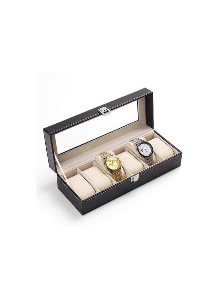 6-Slot Watch Storage Case – PU Leather Jewelry Organizer – Black - Image 3