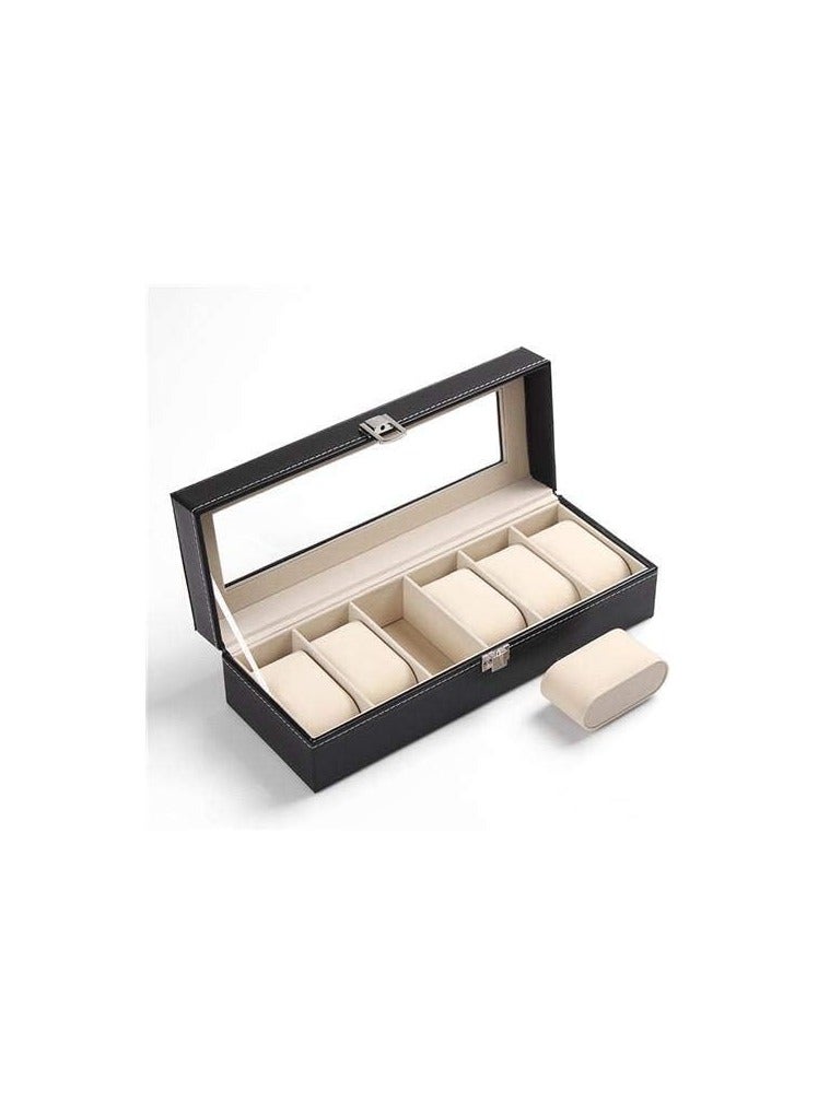 6-Slot Watch Storage Case – PU Leather Jewelry Organizer – Black - Image 4