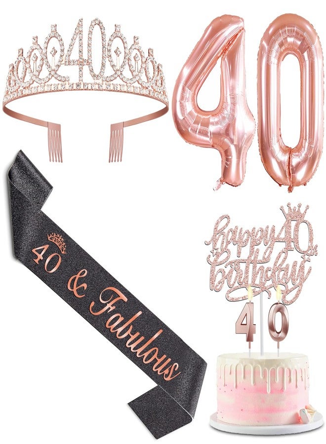 YeohJoy 40th Birthday Decorations Women with Black 40th Birthday Sash and Crown, Cake Topper and Candles, Number Balloons Rose Gold, 40 Year Old Gifts for Women - Image 1