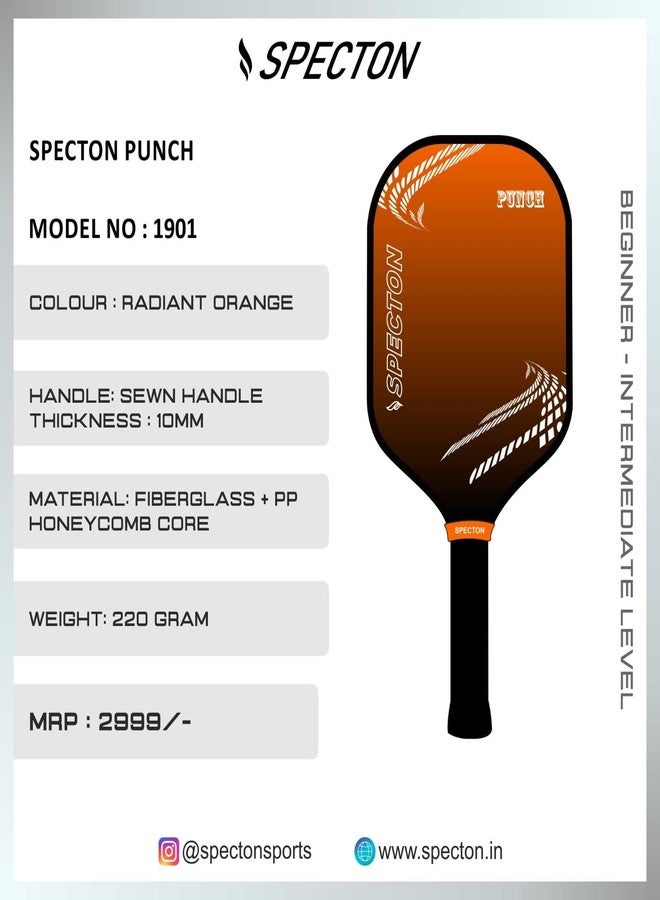 Specton Punch Pickleball Paddle, Fiberglass with PP Honey Comb Core, Lightweight, Cushion Comfort Grip with 10mm Thickness, Ideal for Indoor/Outdoor Play, 220gram (Randiant Orange) - Image 3
