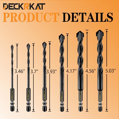 DECKRKAT 6-Piece Black Masonry Drill Bit Set for Concrete, Brick, Tile - Carbide Tipped, Quick Change 1/4" Hex Shank (5/32",3/16",1/4",5/16",3/8",1/2") w/Storage Case - Image 2