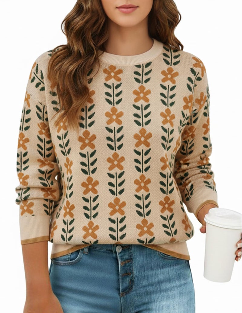 GraceSelect Women's Spring Pullover Sweater Long Sleeve Oversized Printed Cute Crewneck Knitted Top 2026 Trendy Fashion Apricot - Image 1