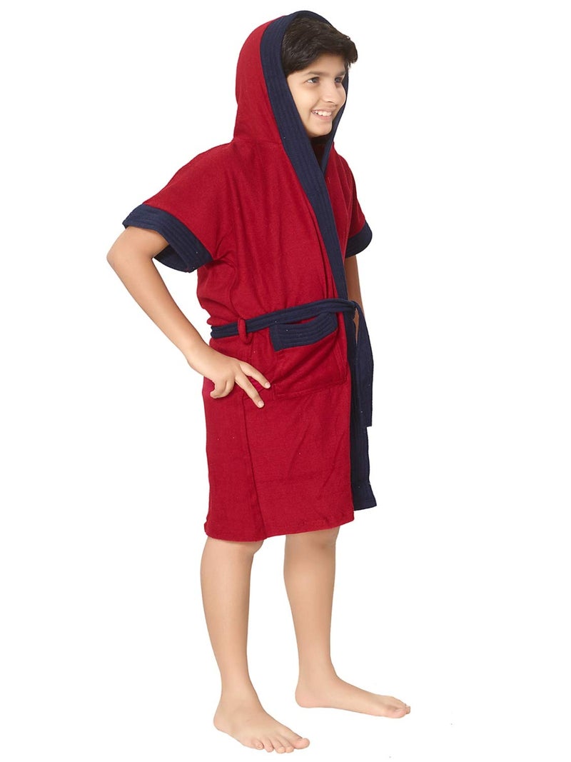 SAND DUNE Boys Hood Terry Cotton Half Sleeves Knee Length Pocket with Waist Belt Bathrobe Gown Red with Navy Blue Border 45 Years - Image 3