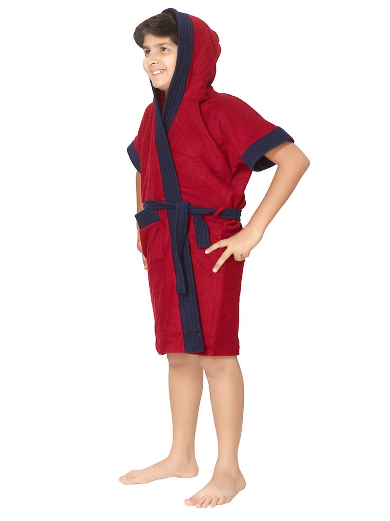 SAND DUNE Boys Hood Terry Cotton Half Sleeves Knee Length Pocket with Waist Belt Bathrobe Gown Red with Navy Blue Border 45 Years - Image 2