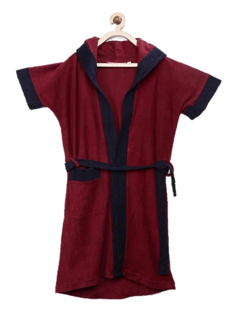 SAND DUNE Boys Hood Terry Cotton Half Sleeves Knee Length Pocket with Waist Belt Bathrobe Gown Red with Navy Blue Border 45 Years - Image 5