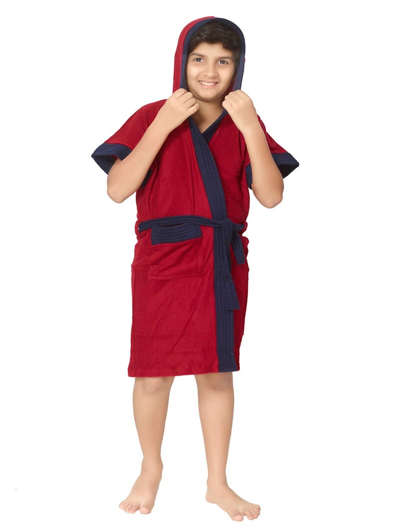 SAND DUNE Boys Hood Terry Cotton Half Sleeves Knee Length Pocket with Waist Belt Bathrobe Gown Red with Navy Blue Border 45 Years - Image 1