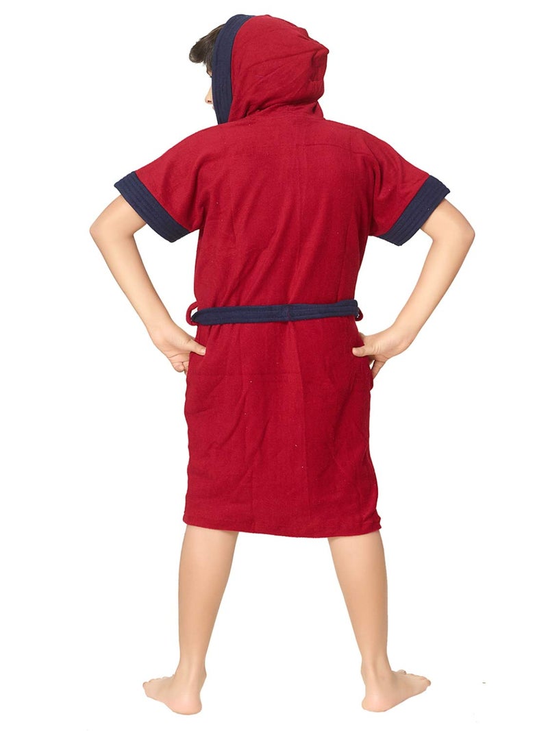 SAND DUNE Boys Hood Terry Cotton Half Sleeves Knee Length Pocket with Waist Belt Bathrobe Gown Red with Navy Blue Border 45 Years - Image 4