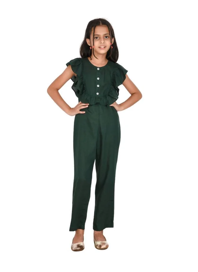 babyqlo Rayon cotton frilled sleeves dark green jumpsuit for girls