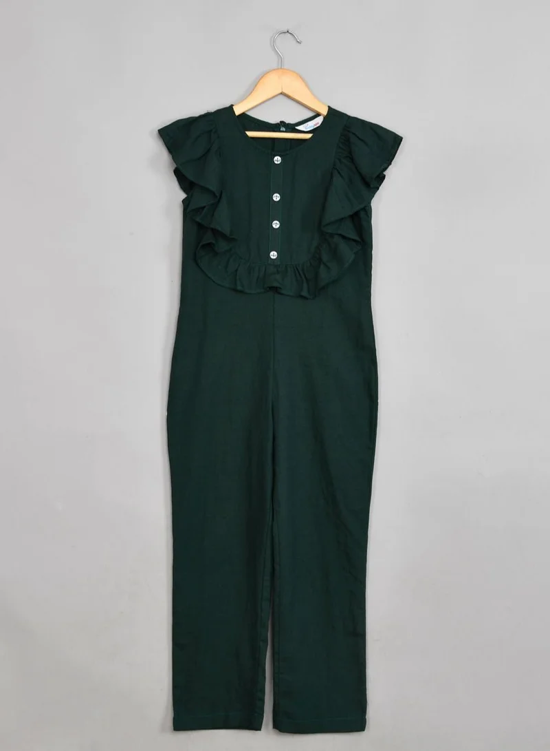 babyqlo Rayon cotton frilled sleeves dark green jumpsuit for girls