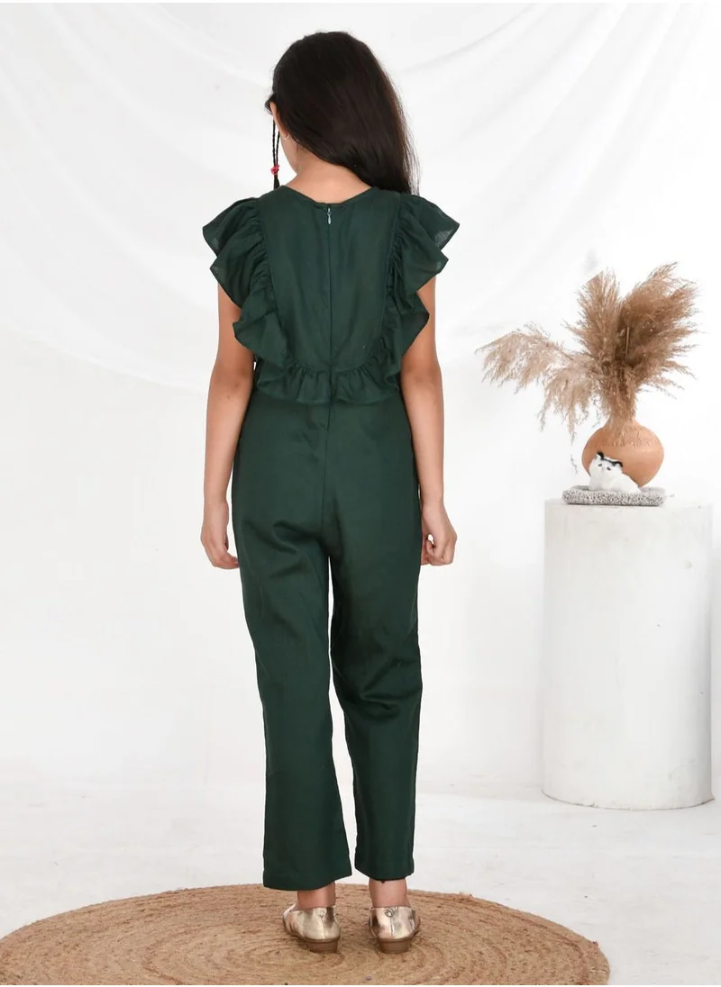 بيبي كلو Rayon cotton frilled sleeves dark green jumpsuit for girls