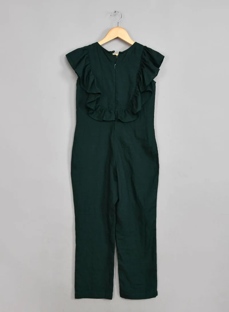 babyqlo Rayon cotton frilled sleeves dark green jumpsuit for girls