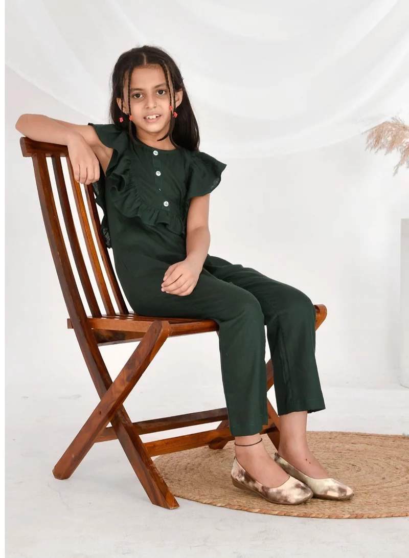babyqlo Rayon cotton frilled sleeves dark green jumpsuit for girls