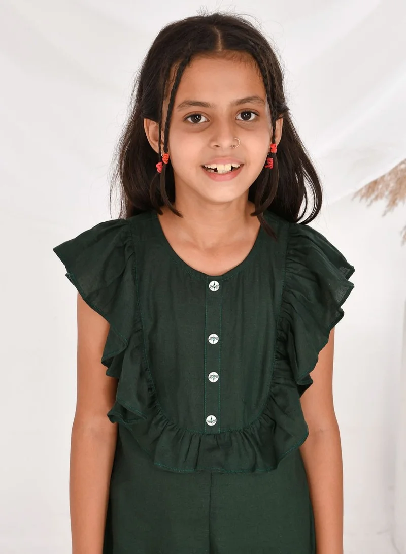 babyqlo Rayon cotton frilled sleeves dark green jumpsuit for girls